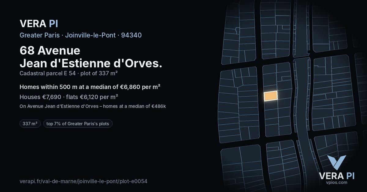 68 Avenue Jean d'Estienne d'Orves, Joinville-le-Pont at night – the plot lit, the parcels around coloured by the prices near them