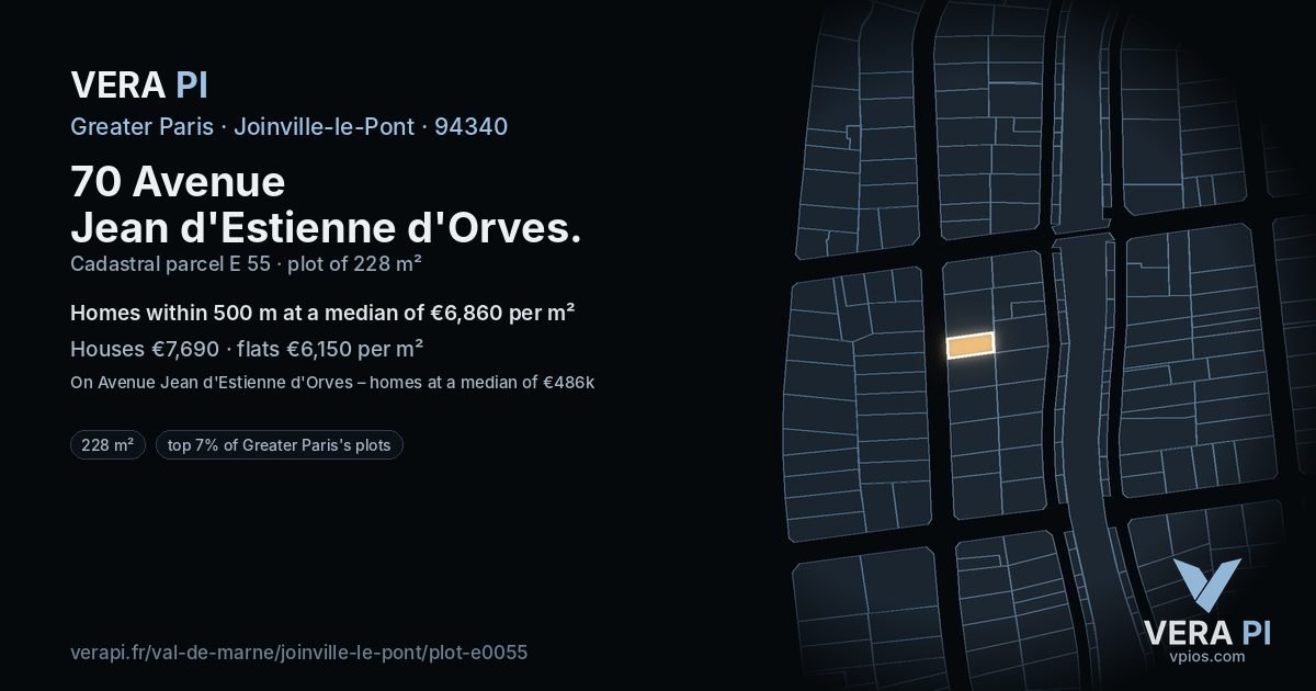 70 Avenue Jean d'Estienne d'Orves, Joinville-le-Pont at night – the plot lit, the parcels around coloured by the prices near them