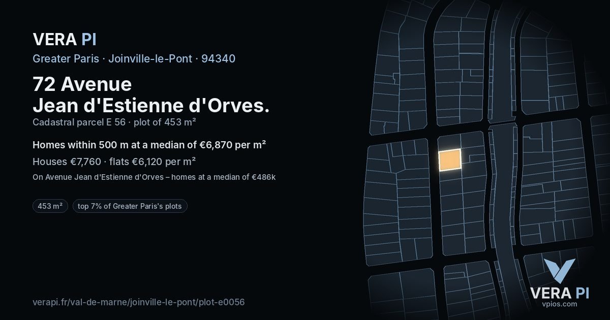 72 Avenue Jean d'Estienne d'Orves, Joinville-le-Pont at night – the plot lit, the parcels around coloured by the prices near them