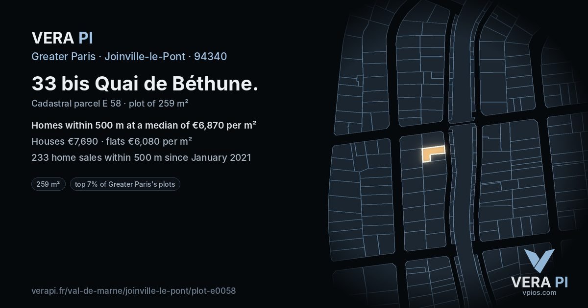 33 bis Quai de Béthune, Joinville-le-Pont at night – the plot lit, the parcels around coloured by the prices near them