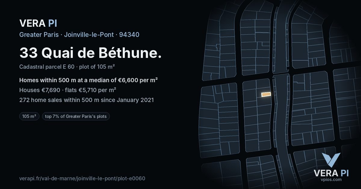 33 Quai de Béthune, Joinville-le-Pont at night – the plot lit, the parcels around coloured by the prices near them