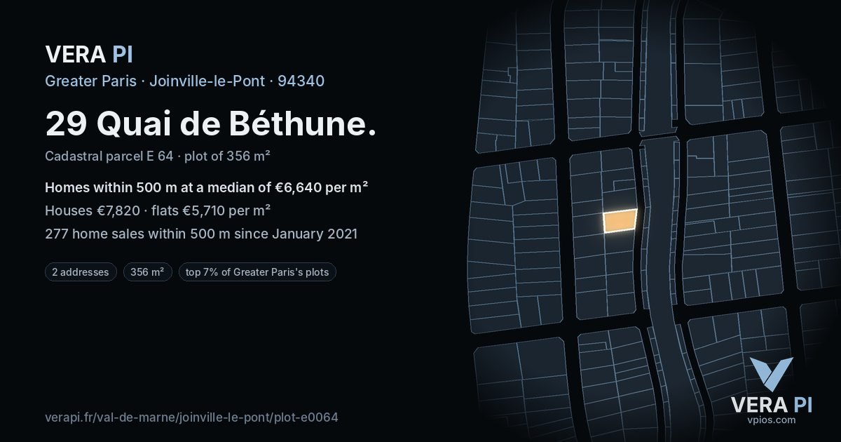 29 Quai de Béthune, Joinville-le-Pont at night – the plot lit, the parcels around coloured by the prices near them