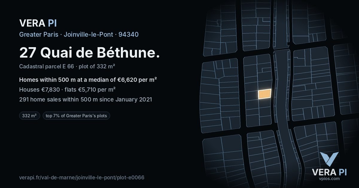 27 Quai de Béthune, Joinville-le-Pont at night – the plot lit, the parcels around coloured by the prices near them