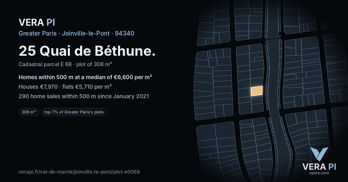 25 Quai de Béthune, Joinville-le-Pont at night – the plot lit, the parcels around coloured by the prices near them