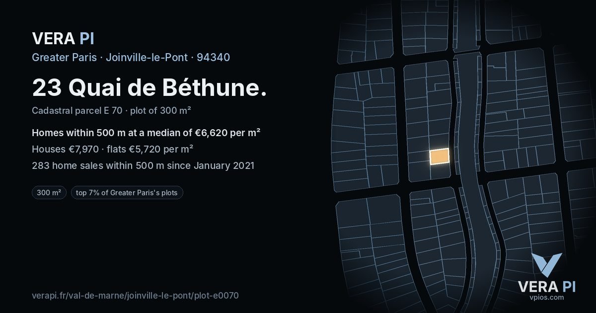 23 Quai de Béthune, Joinville-le-Pont at night – the plot lit, the parcels around coloured by the prices near them