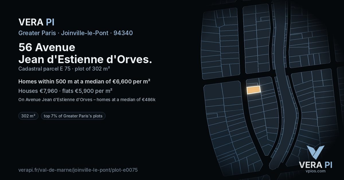 56 Avenue Jean d'Estienne d'Orves, Joinville-le-Pont at night – the plot lit, the parcels around coloured by the prices near them