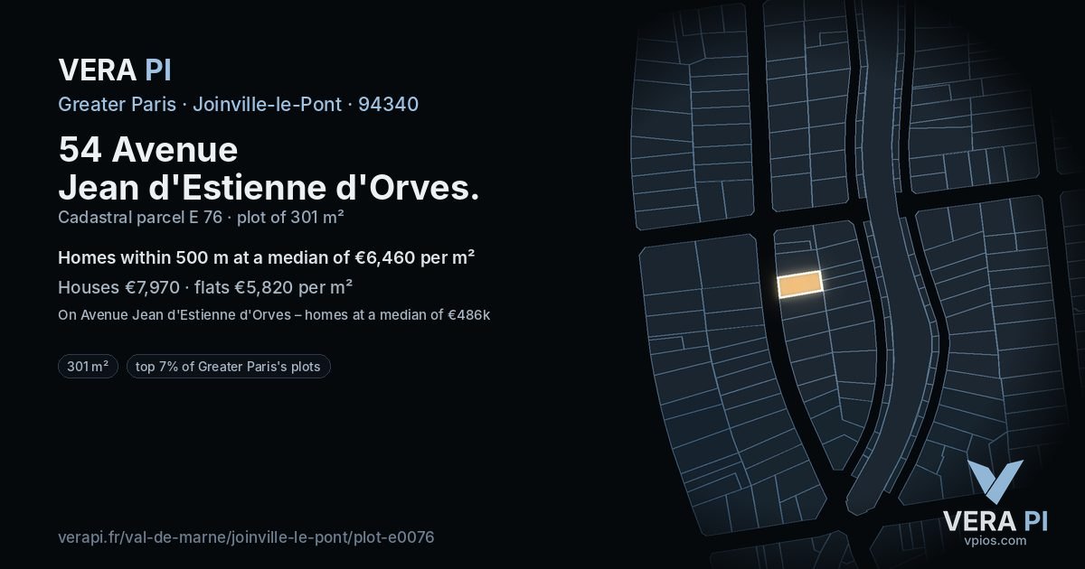 54 Avenue Jean d'Estienne d'Orves, Joinville-le-Pont at night – the plot lit, the parcels around coloured by the prices near them