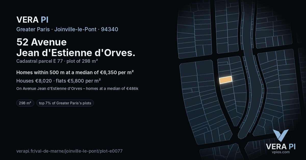 52 Avenue Jean d'Estienne d'Orves, Joinville-le-Pont at night – the plot lit, the parcels around coloured by the prices near them