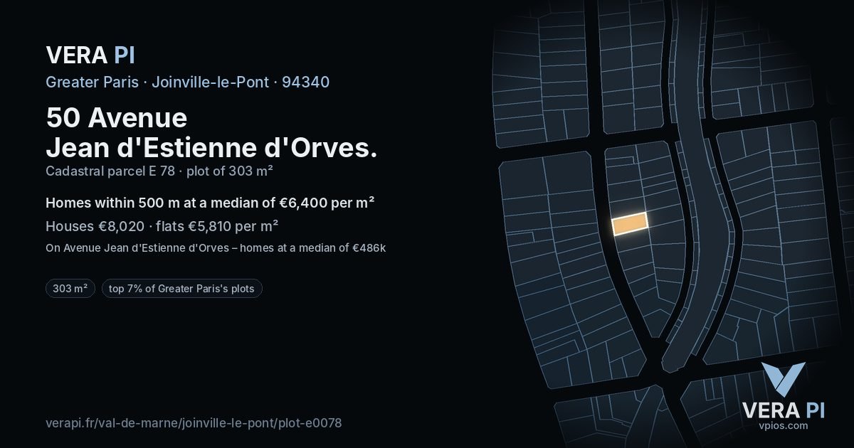 50 Avenue Jean d'Estienne d'Orves, Joinville-le-Pont at night – the plot lit, the parcels around coloured by the prices near them