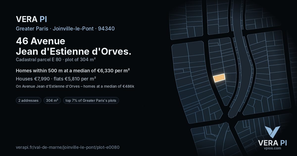 46 Avenue Jean d'Estienne d'Orves, Joinville-le-Pont at night – the plot lit, the parcels around coloured by the prices near them