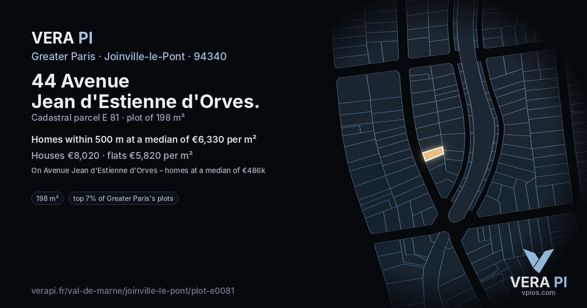 44 Avenue Jean d'Estienne d'Orves, Joinville-le-Pont at night – the plot lit, the parcels around coloured by the prices near them
