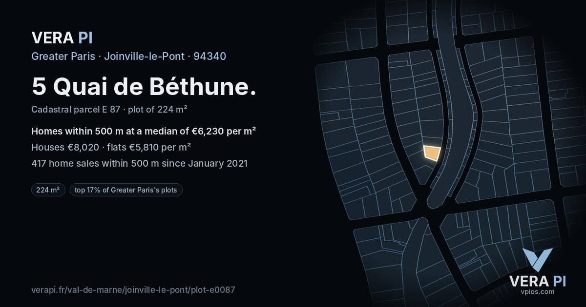 5 Quai de Béthune, Joinville-le-Pont at night – the plot lit, the parcels around coloured by the prices near them