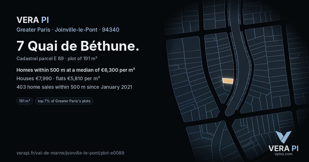 7 Quai de Béthune, Joinville-le-Pont at night – the plot lit, the parcels around coloured by the prices near them