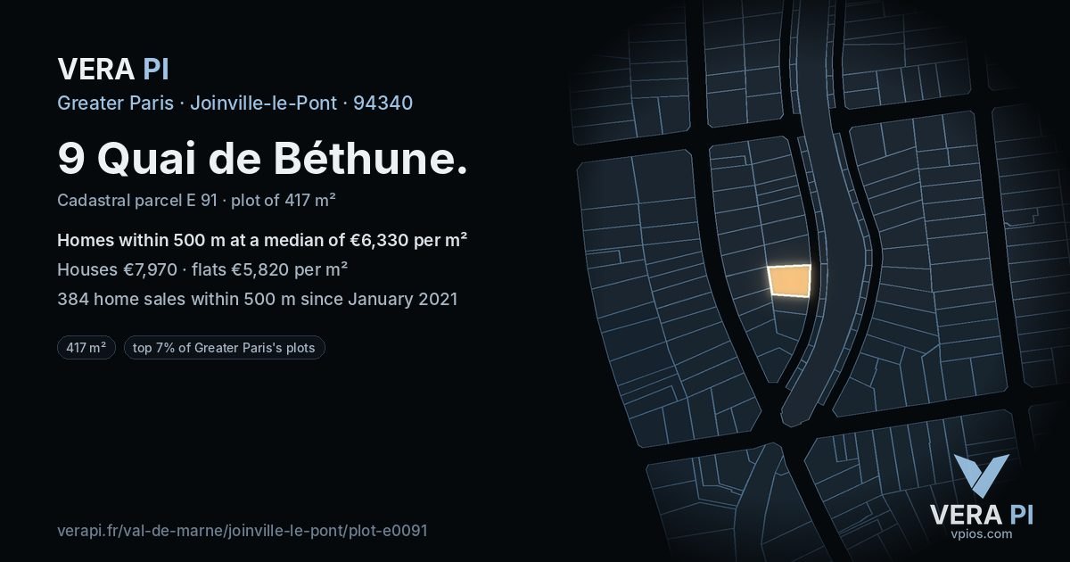 9 Quai de Béthune, Joinville-le-Pont at night – the plot lit, the parcels around coloured by the prices near them
