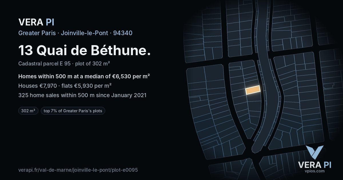 13 Quai de Béthune, Joinville-le-Pont at night – the plot lit, the parcels around coloured by the prices near them