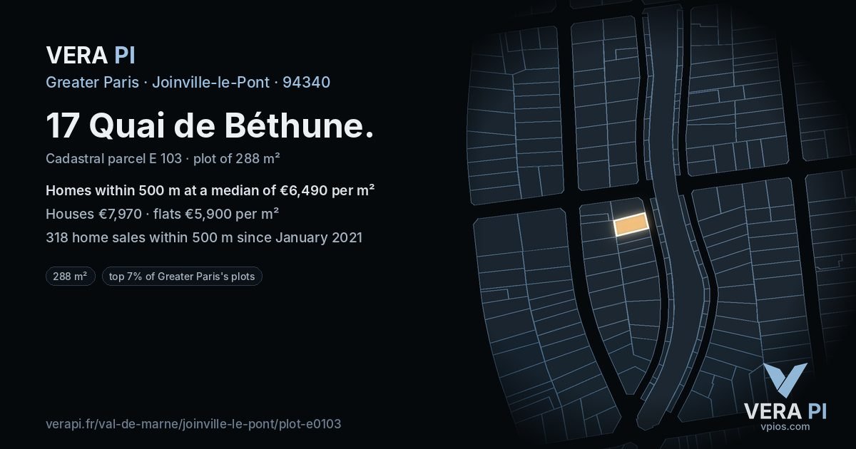 17 Quai de Béthune, Joinville-le-Pont at night – the plot lit, the parcels around coloured by the prices near them