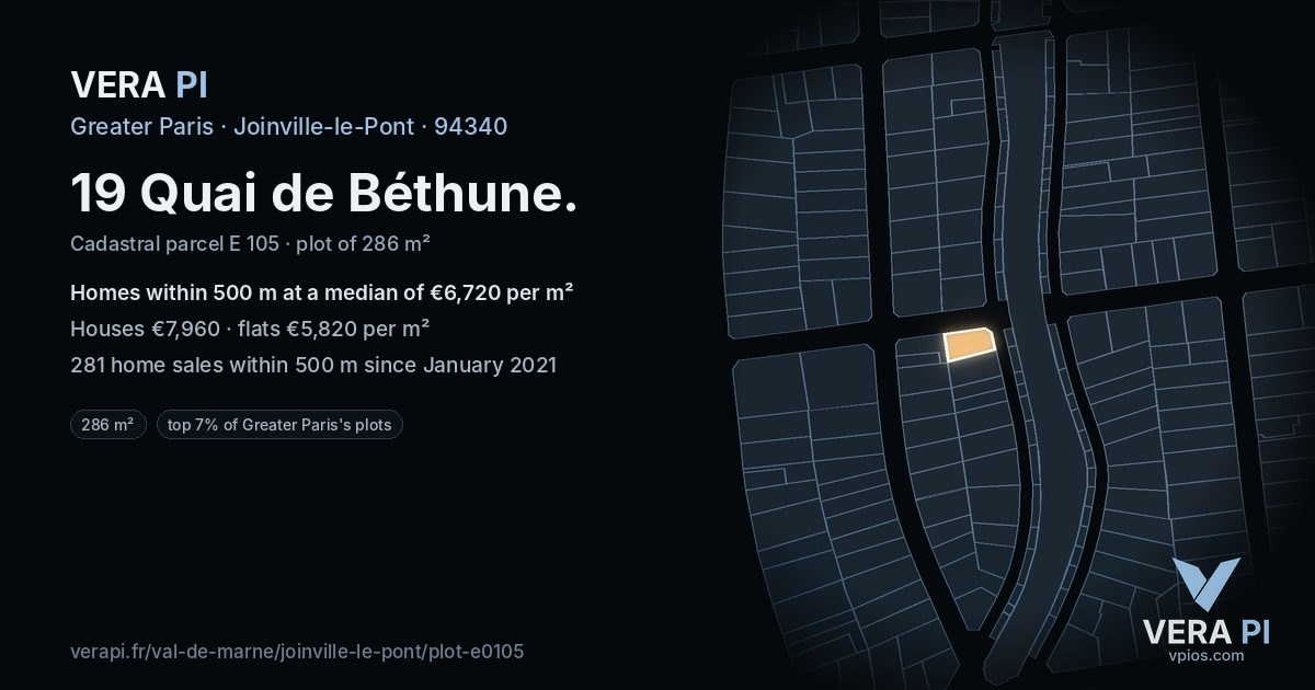 19 Quai de Béthune, Joinville-le-Pont at night – the plot lit, the parcels around coloured by the prices near them