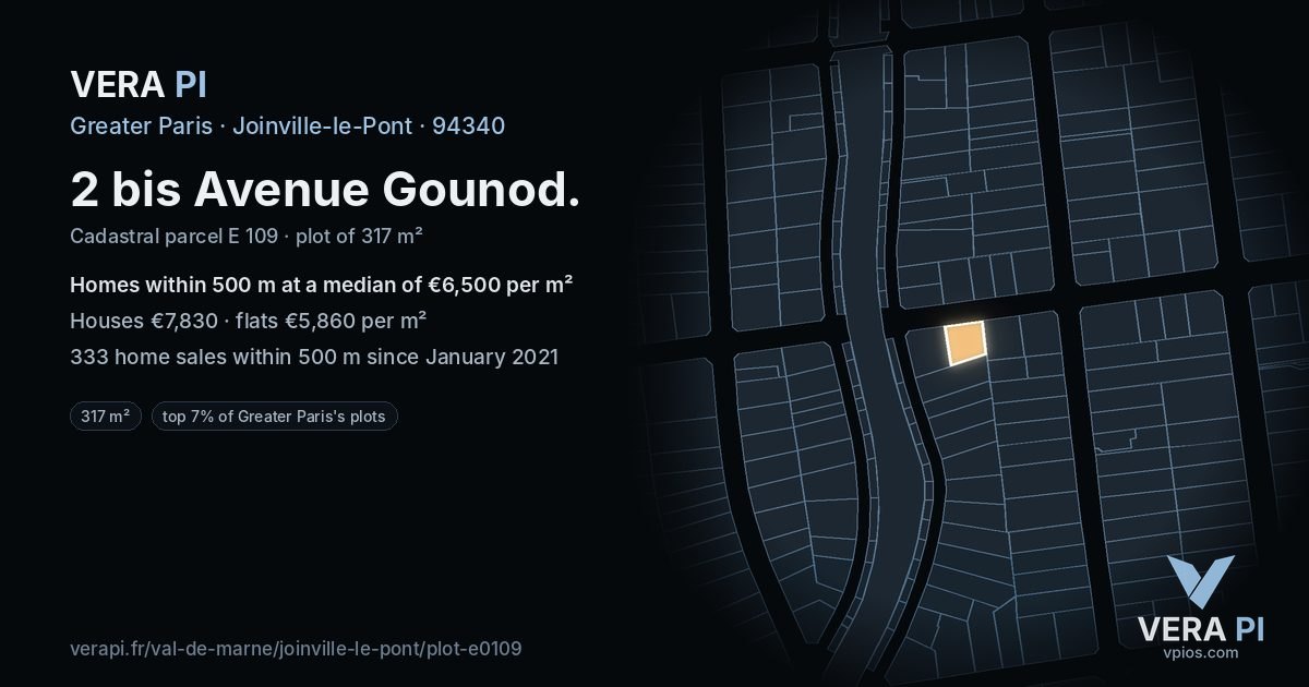 2 bis Avenue Gounod, Joinville-le-Pont at night – the plot lit, the parcels around coloured by the prices near them