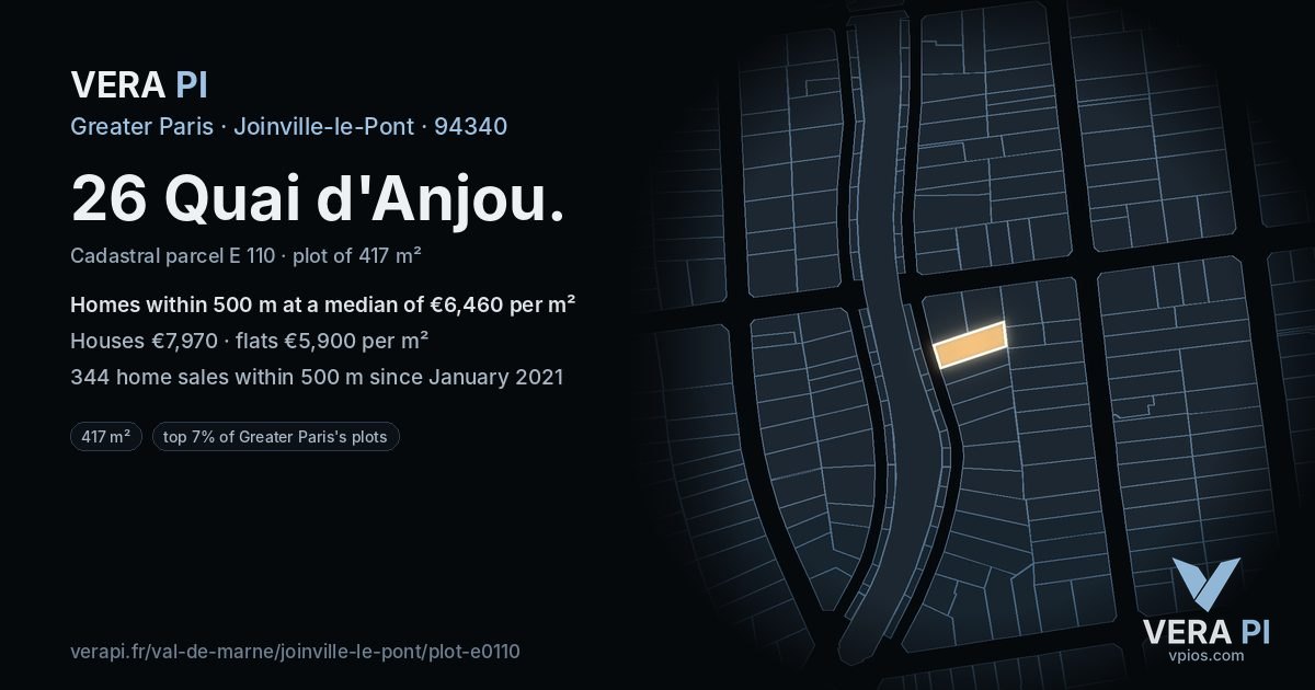26 Quai d'Anjou, Joinville-le-Pont at night – the plot lit, the parcels around coloured by the prices near them