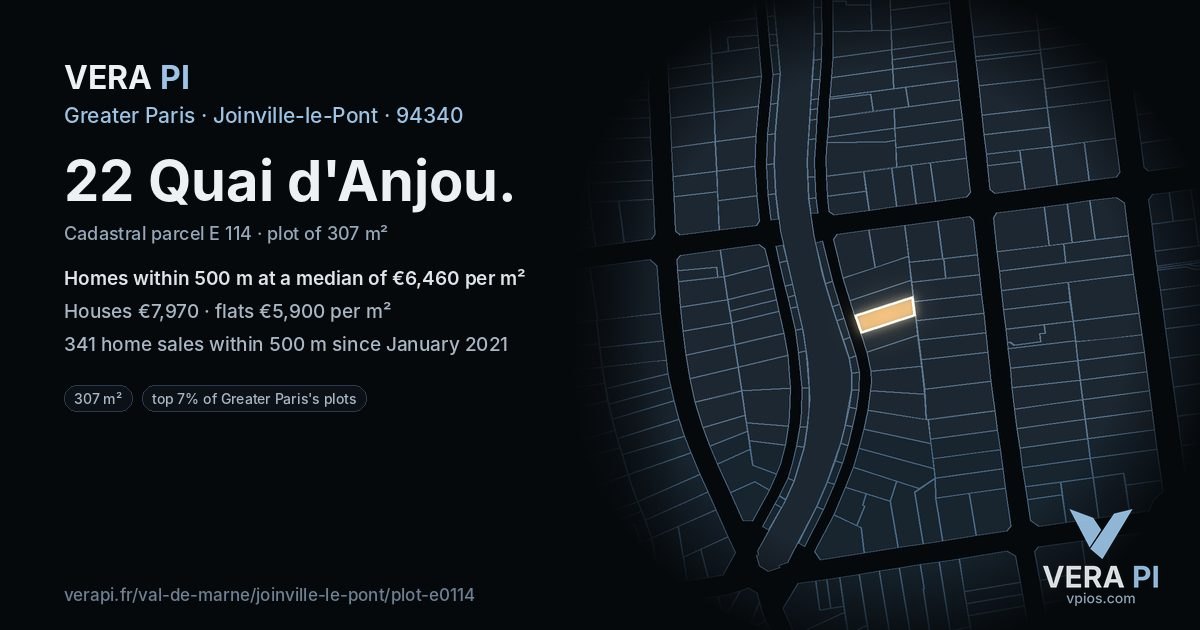 22 Quai d'Anjou, Joinville-le-Pont at night – the plot lit, the parcels around coloured by the prices near them