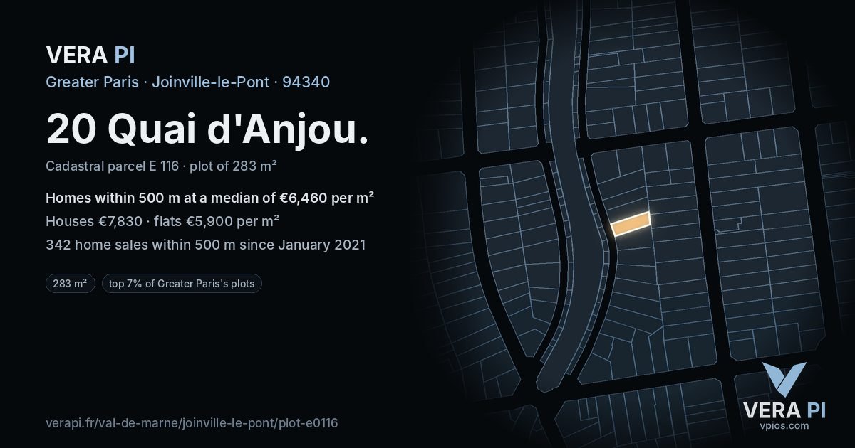 20 Quai d'Anjou, Joinville-le-Pont at night – the plot lit, the parcels around coloured by the prices near them