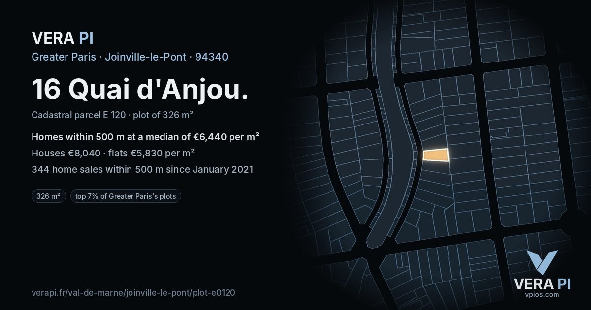 16 Quai d'Anjou, Joinville-le-Pont at night – the plot lit, the parcels around coloured by the prices near them