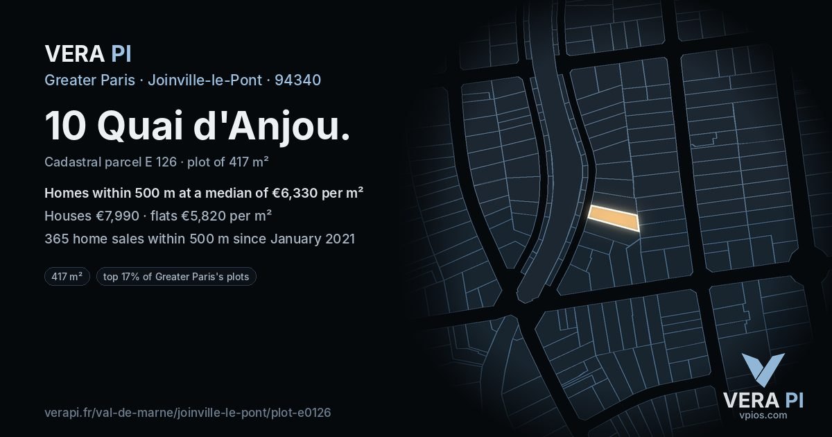 10 Quai d'Anjou, Joinville-le-Pont at night – the plot lit, the parcels around coloured by the prices near them