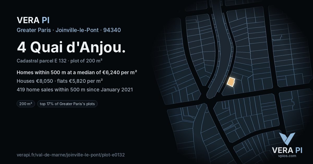 4 Quai d'Anjou, Joinville-le-Pont at night – the plot lit, the parcels around coloured by the prices near them