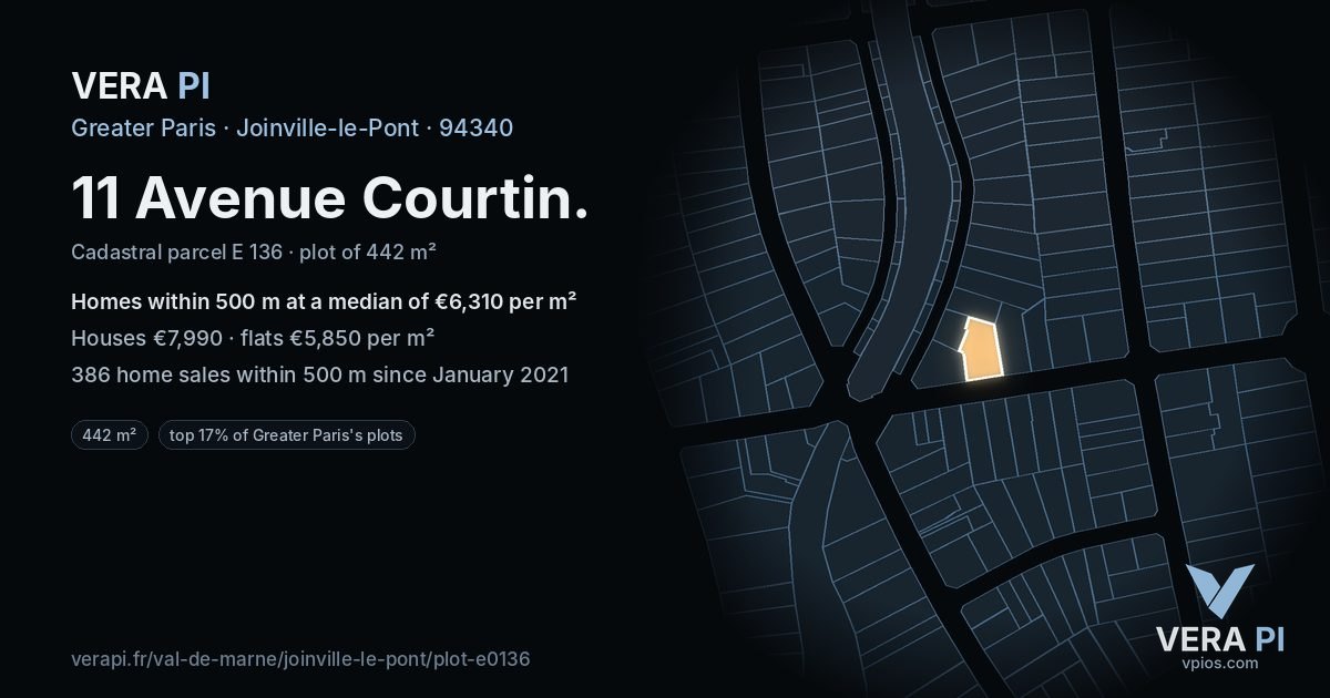 11 Avenue Courtin, Joinville-le-Pont at night – the plot lit, the parcels around coloured by the prices near them