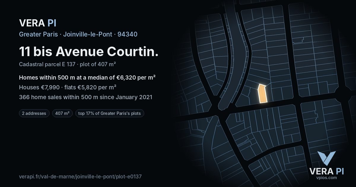 11 bis Avenue Courtin, Joinville-le-Pont at night – the plot lit, the parcels around coloured by the prices near them