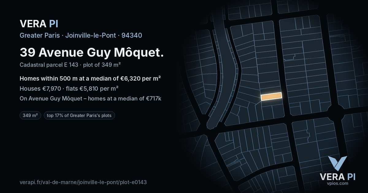 39 Avenue Guy Môquet, Joinville-le-Pont at night – the plot lit, the parcels around coloured by the prices near them
