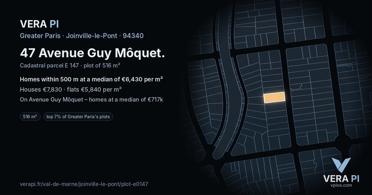 47 Avenue Guy Môquet, Joinville-le-Pont at night – the plot lit, the parcels around coloured by the prices near them