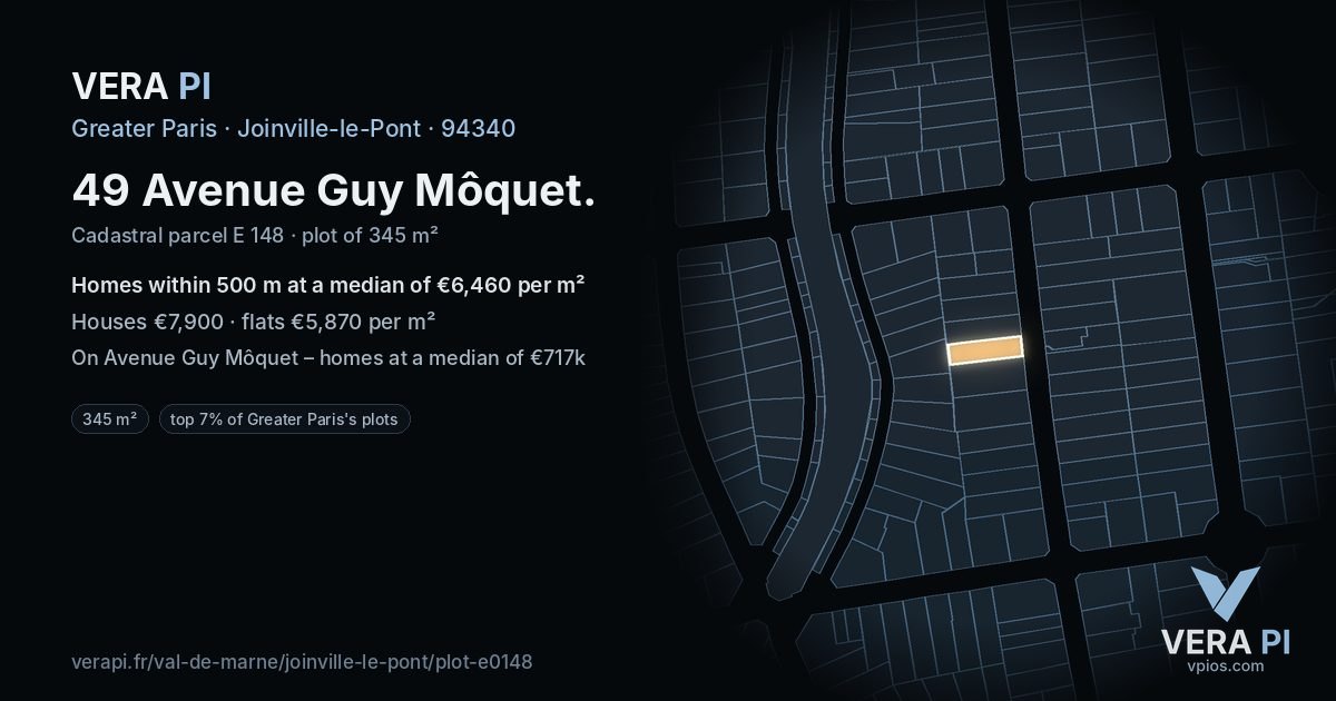 49 Avenue Guy Môquet, Joinville-le-Pont at night – the plot lit, the parcels around coloured by the prices near them
