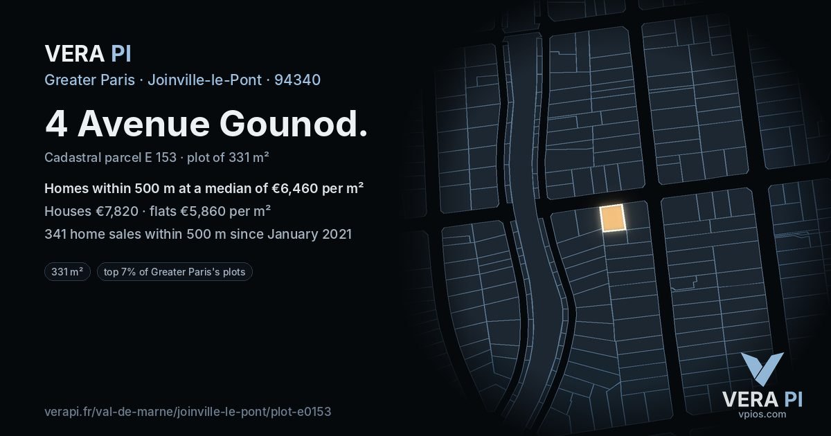4 Avenue Gounod, Joinville-le-Pont at night – the plot lit, the parcels around coloured by the prices near them
