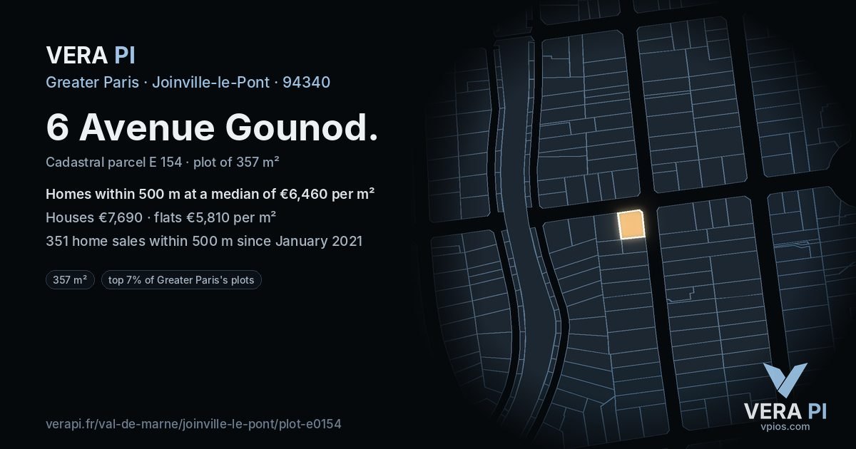 6 Avenue Gounod, Joinville-le-Pont at night – the plot lit, the parcels around coloured by the prices near them