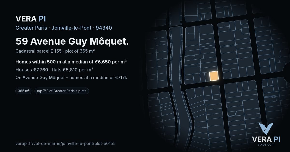 59 Avenue Guy Môquet, Joinville-le-Pont at night – the plot lit, the parcels around coloured by the prices near them