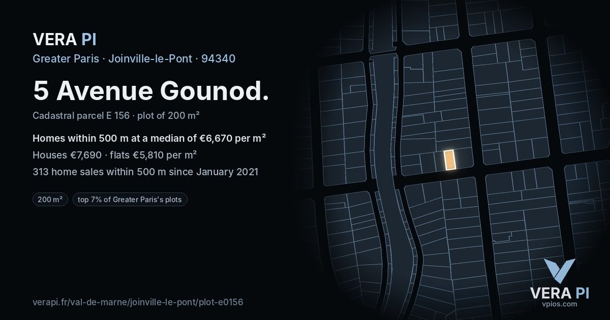 5 Avenue Gounod, Joinville-le-Pont at night – the plot lit, the parcels around coloured by the prices near them