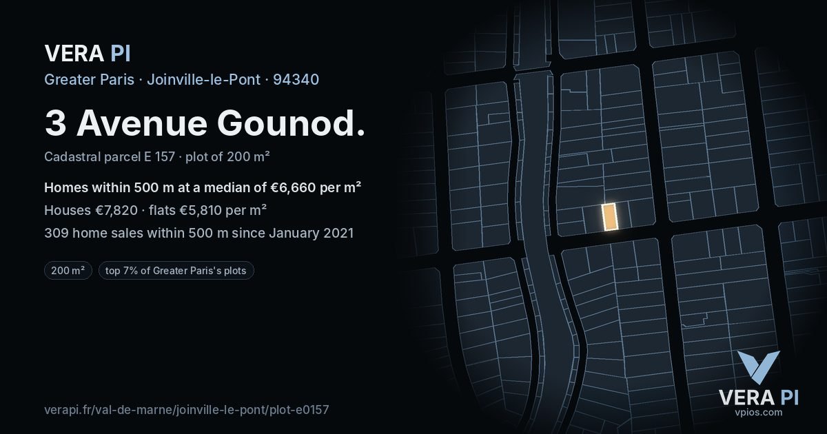 3 Avenue Gounod, Joinville-le-Pont at night – the plot lit, the parcels around coloured by the prices near them