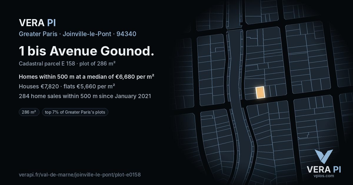 1 bis Avenue Gounod, Joinville-le-Pont at night – the plot lit, the parcels around coloured by the prices near them