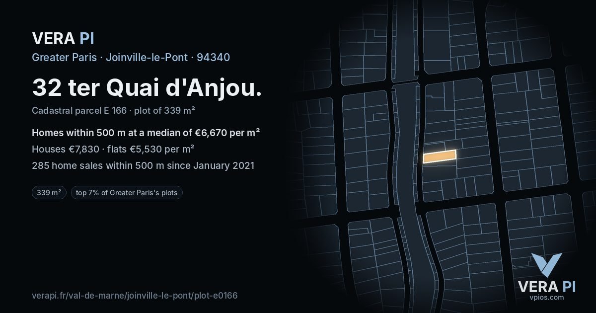 32 ter Quai d'Anjou, Joinville-le-Pont at night – the plot lit, the parcels around coloured by the prices near them