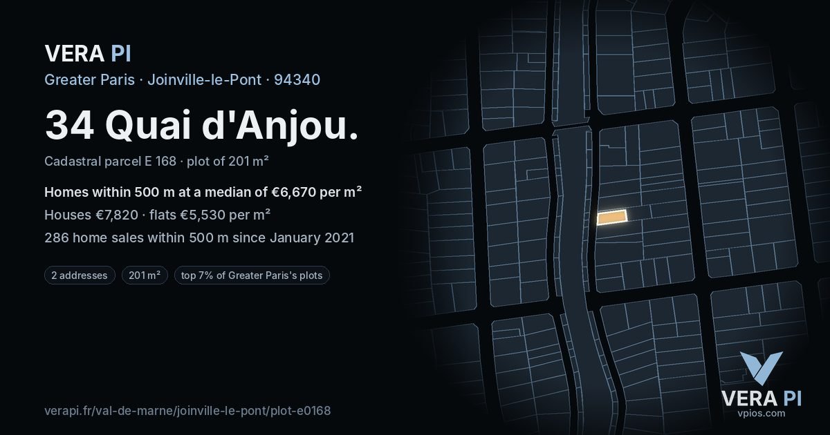 34 Quai d'Anjou, Joinville-le-Pont at night – the plot lit, the parcels around coloured by the prices near them