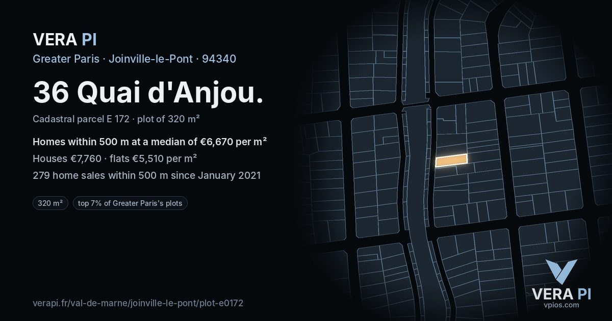 36 Quai d'Anjou, Joinville-le-Pont at night – the plot lit, the parcels around coloured by the prices near them