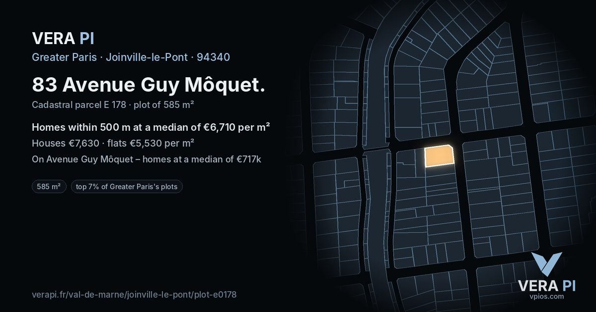 83 Avenue Guy Môquet, Joinville-le-Pont at night – the plot lit, the parcels around coloured by the prices near them
