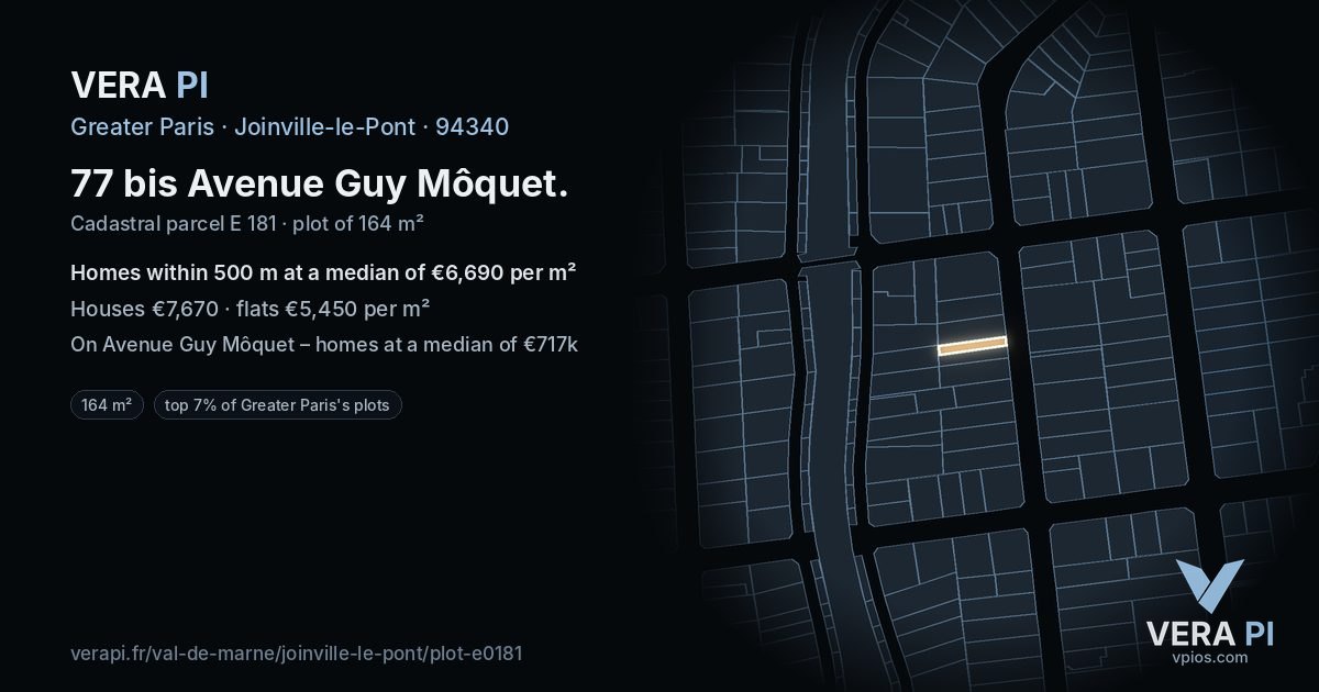 77 bis Avenue Guy Môquet, Joinville-le-Pont at night – the plot lit, the parcels around coloured by the prices near them