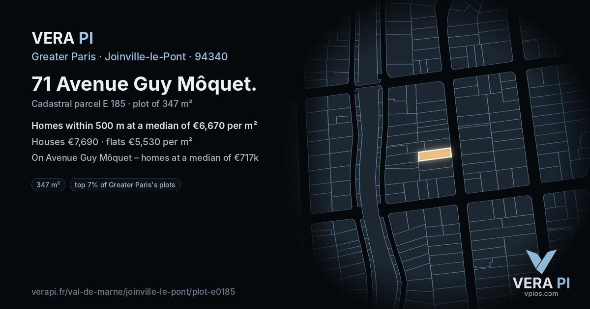 71 Avenue Guy Môquet, Joinville-le-Pont at night – the plot lit, the parcels around coloured by the prices near them