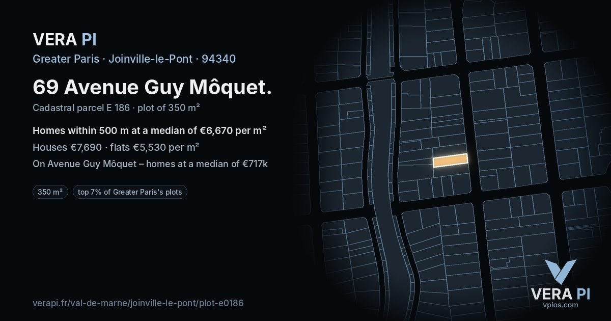 69 Avenue Guy Môquet, Joinville-le-Pont at night – the plot lit, the parcels around coloured by the prices near them