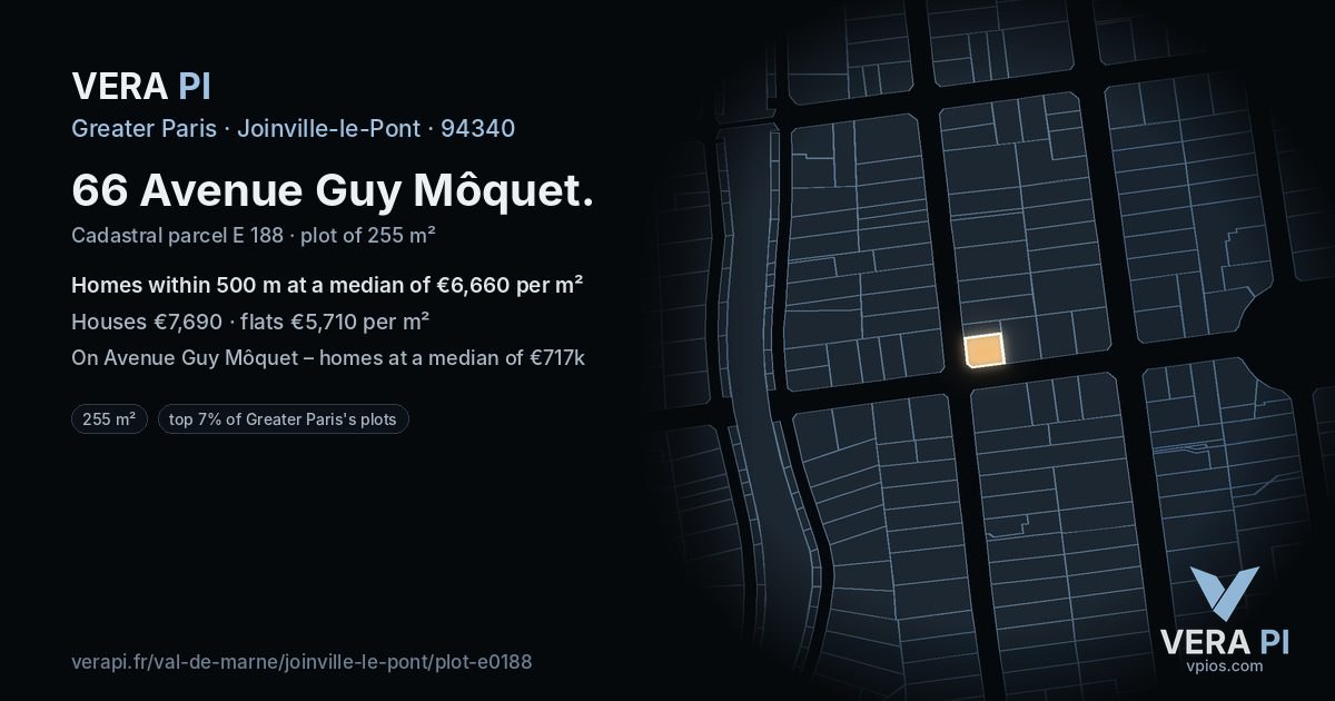 66 Avenue Guy Môquet, Joinville-le-Pont at night – the plot lit, the parcels around coloured by the prices near them