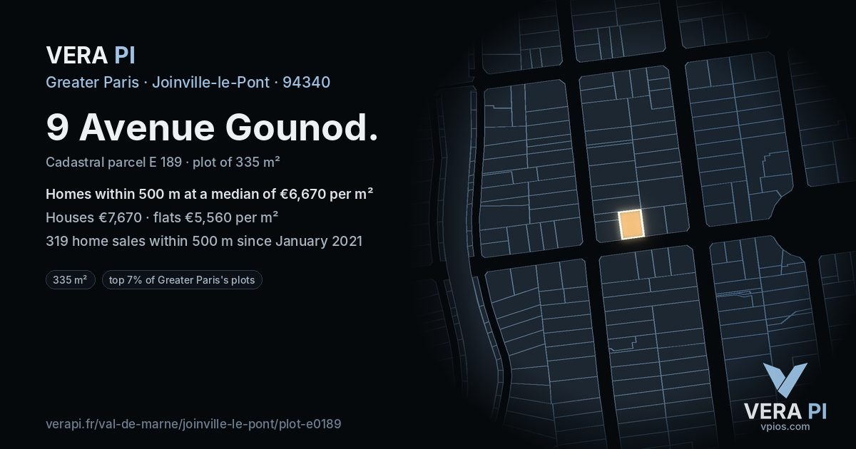 9 Avenue Gounod, Joinville-le-Pont at night – the plot lit, the parcels around coloured by the prices near them