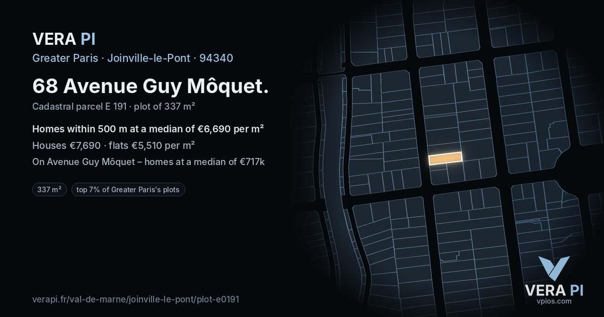 68 Avenue Guy Môquet, Joinville-le-Pont at night – the plot lit, the parcels around coloured by the prices near them