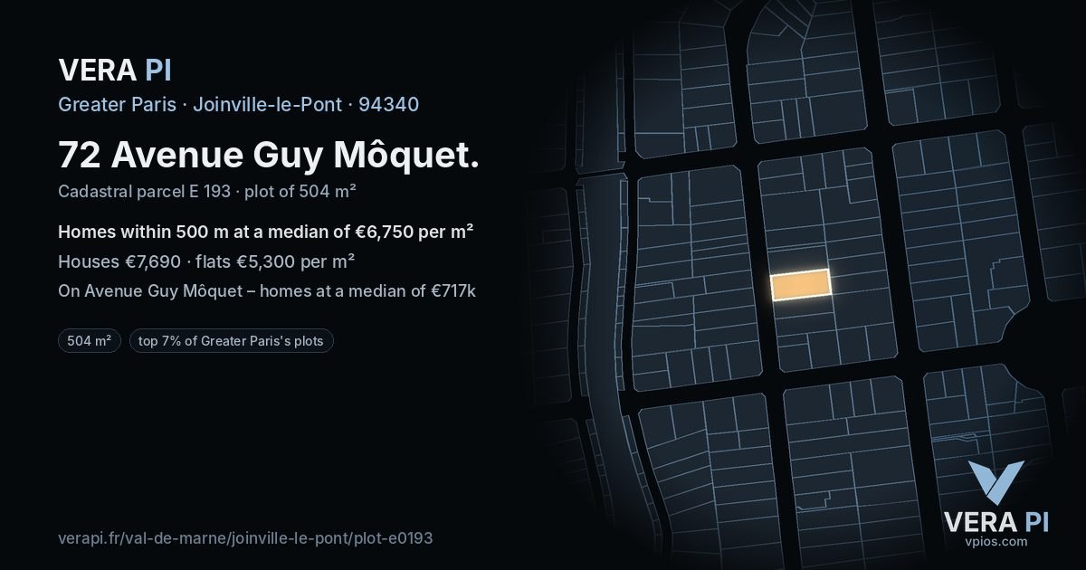 72 Avenue Guy Môquet, Joinville-le-Pont at night – the plot lit, the parcels around coloured by the prices near them